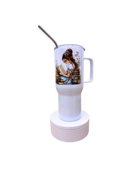 Deluxe white tumbler with a woman reading book design 25oz