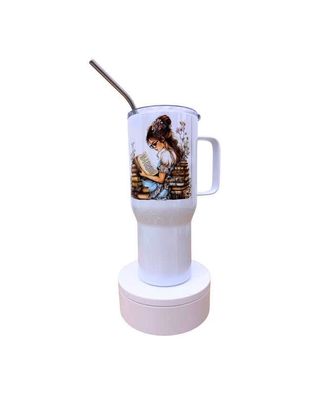 Deluxe white tumbler with a woman reading book design 25oz