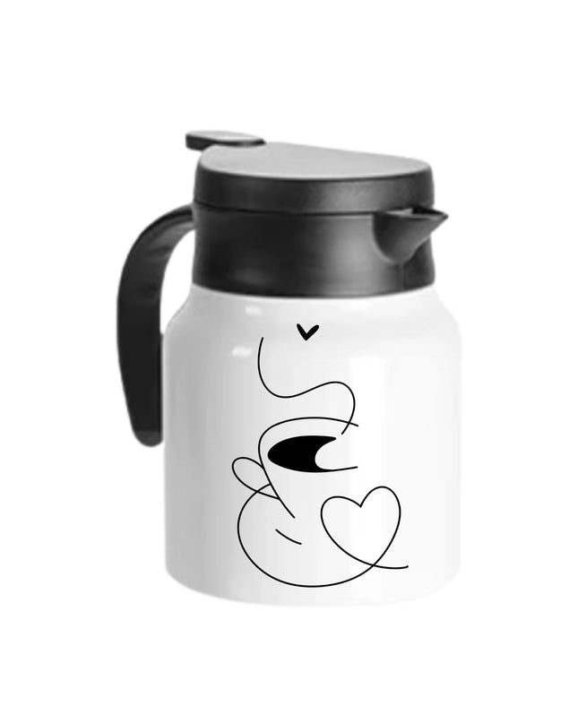 White mug with black handle and lid, featuring a black line art design on a white background