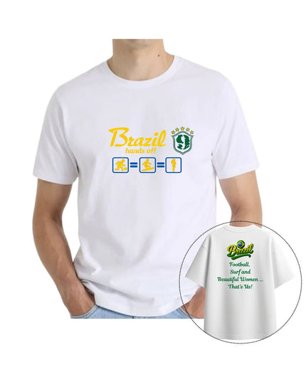White t-shirt with 'Brazil hands off' text and graphics 