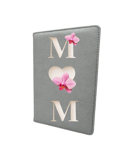 Gray passport holder with pink orchid design and 'MOM' text on a white background