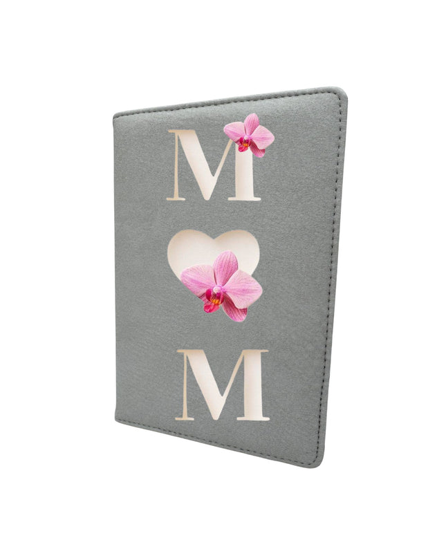 Gray passport holder with pink orchid design and 'MOM' text on a white background