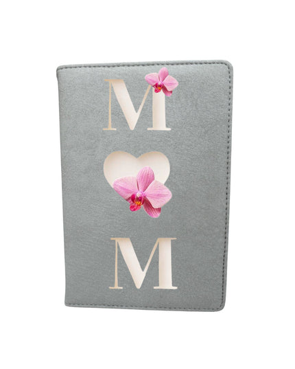 Gray passport holder with pink orchid design and 'MOM' text on a white background