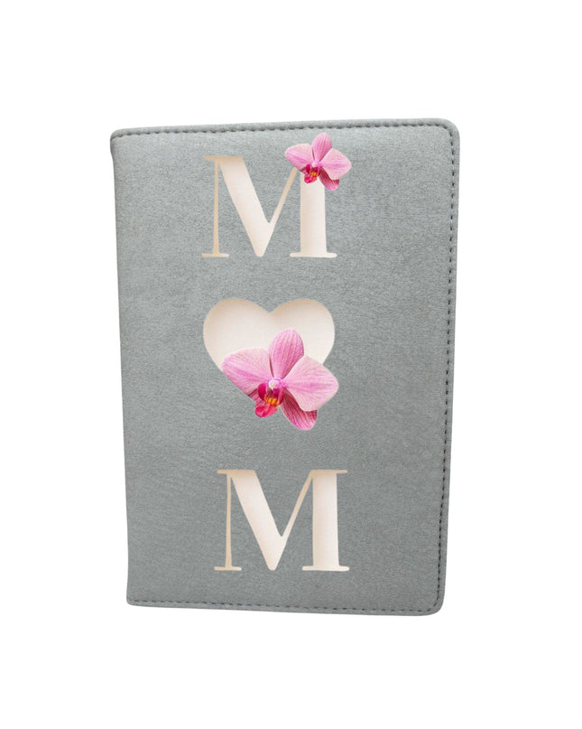 Gray passport holder with pink orchid design and 'MOM' text on a white background