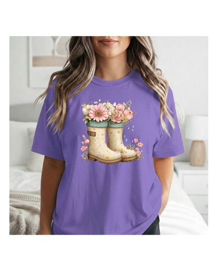 Light purple t-shirt with floral and boot design.