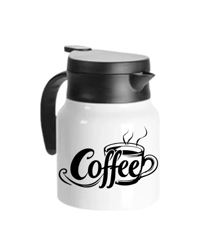 White thermos with black lid and 'Coffee' text on a white background