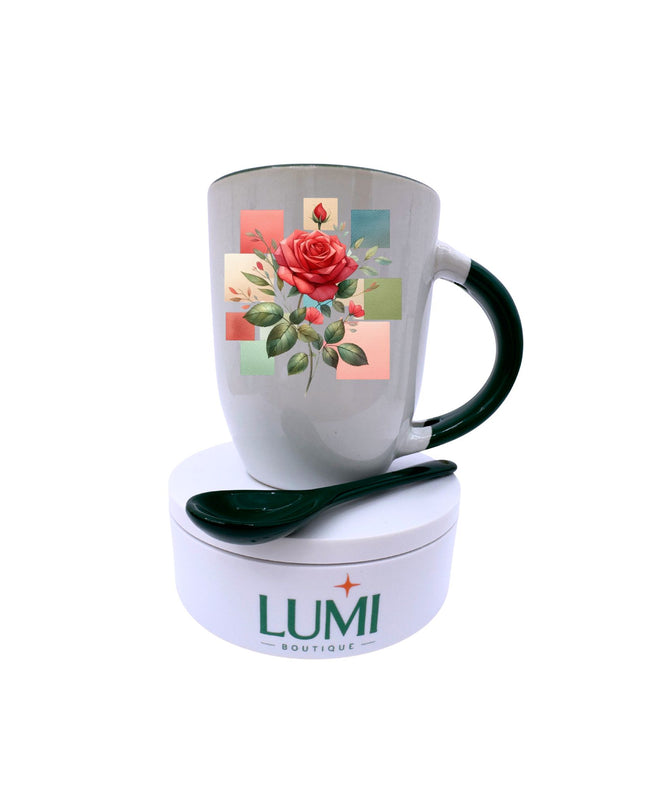 White mug with floral design and black handle, placed on a white base with 'LUMI Boutique' branding.