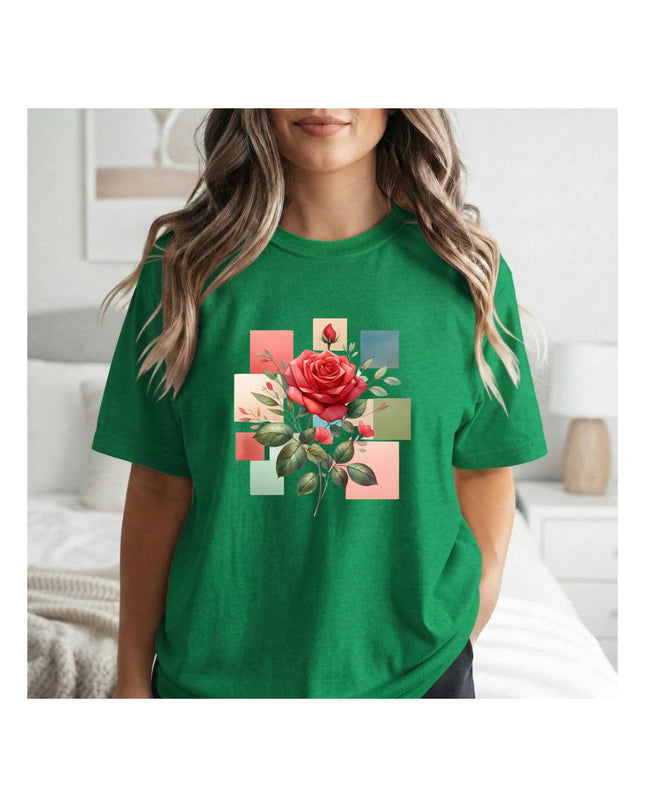 g a green t-shirt with a floral design 