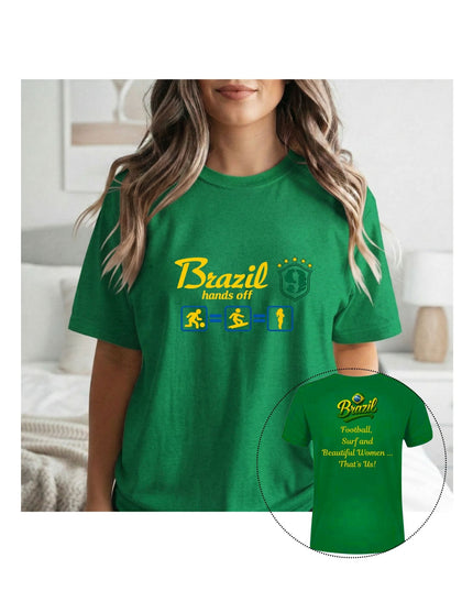 Green t-shirt with 'Brazil hands off' text and graphics worn 