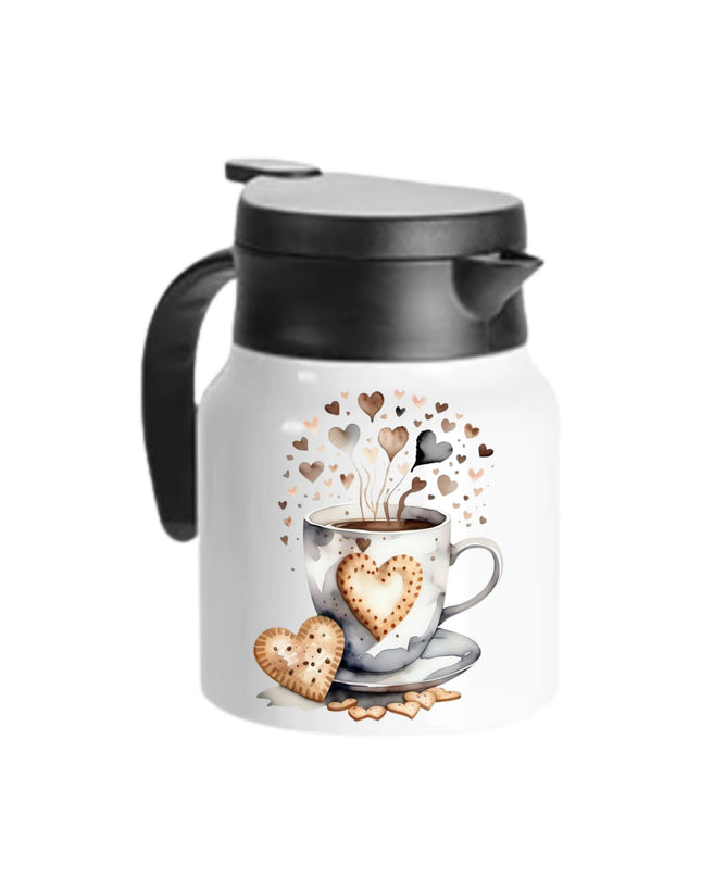 White thermos with black lid featuring a design of a coffee cup with a heart, cookies, and hearts 