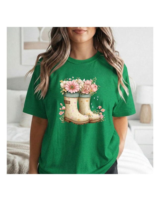 Green t-shirt with floral and boot design.