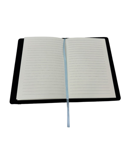 Open notebook with lined pages on a white background