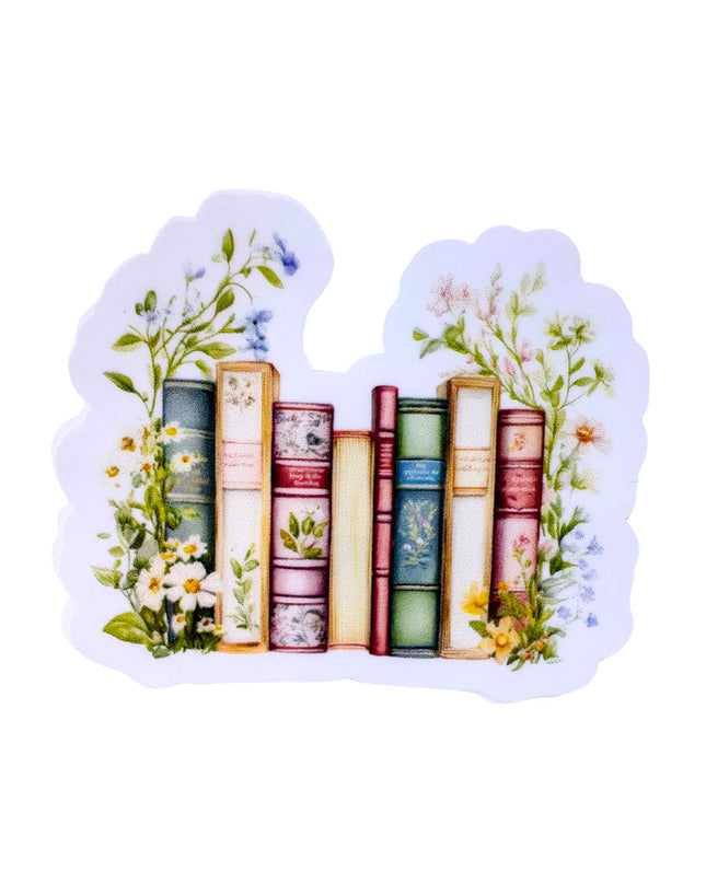 Sticker design of books and flowers on a white background
