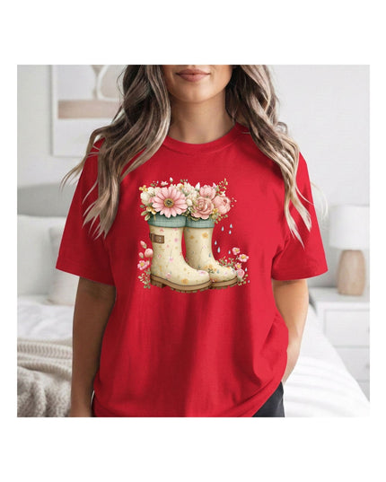 Red t-shirt with floral and boot design.