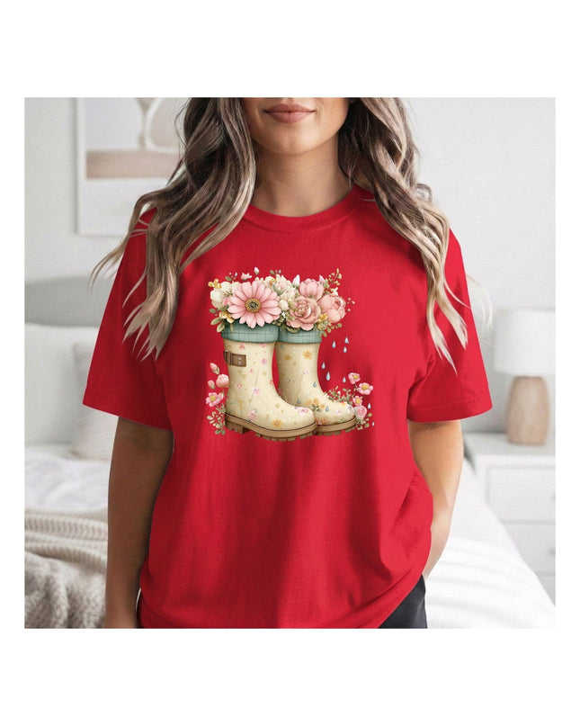 Red t-shirt with floral and boot design.