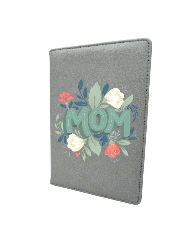 Gray passport holder with floral design and 'Mom' text on a white background