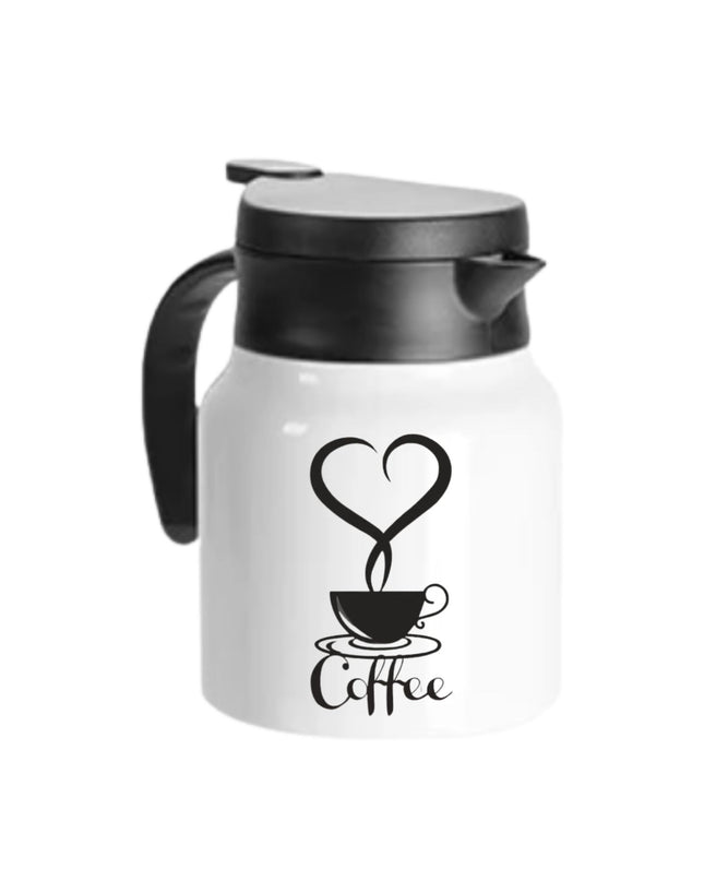 White coffee thermos with black lid and 'Coffee' design on a white background