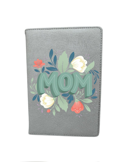 Gray passport holder with floral design and 'MOM' text on a white background