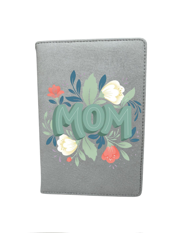 Gray passport holder with floral design and 'MOM' text on a white background