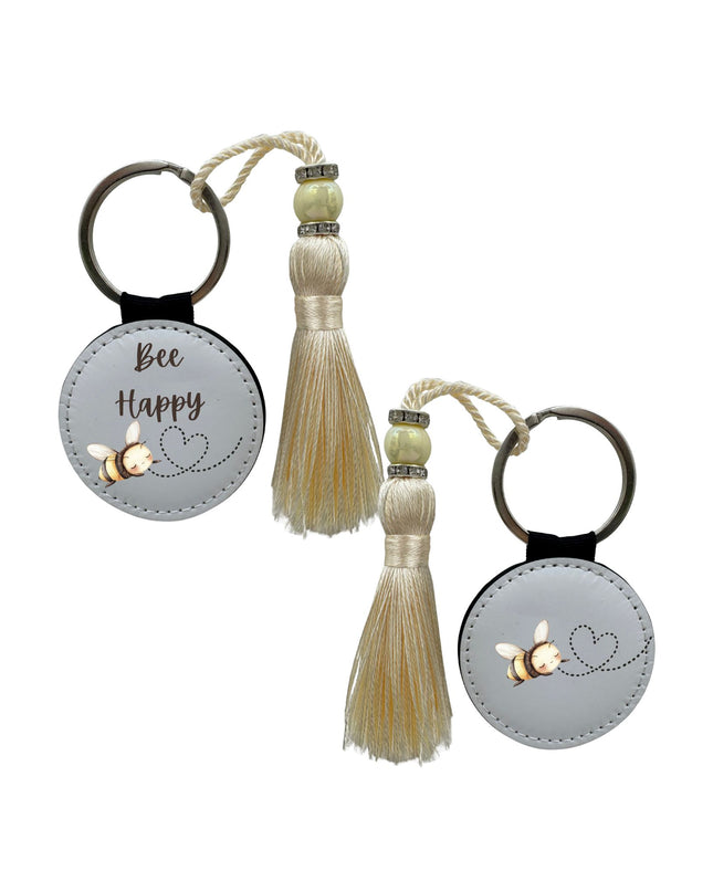 Round Keyring with a Bee and 'Bee Happy' text design