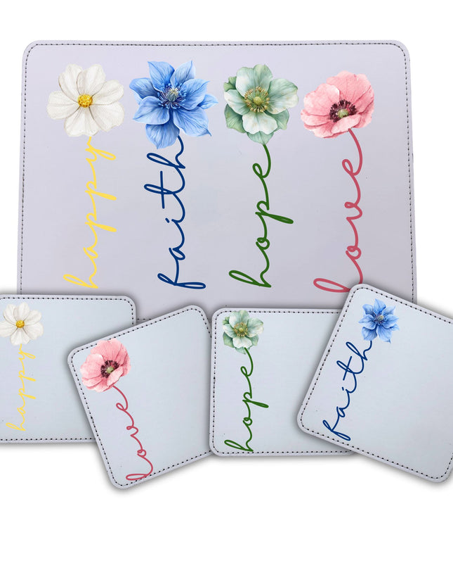 Set of coasters with floral designs and motivational words on a light gray background