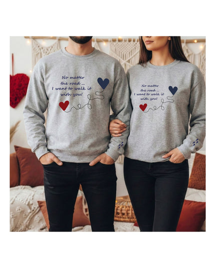 gray sweatshirts with romantic text and heart designs.