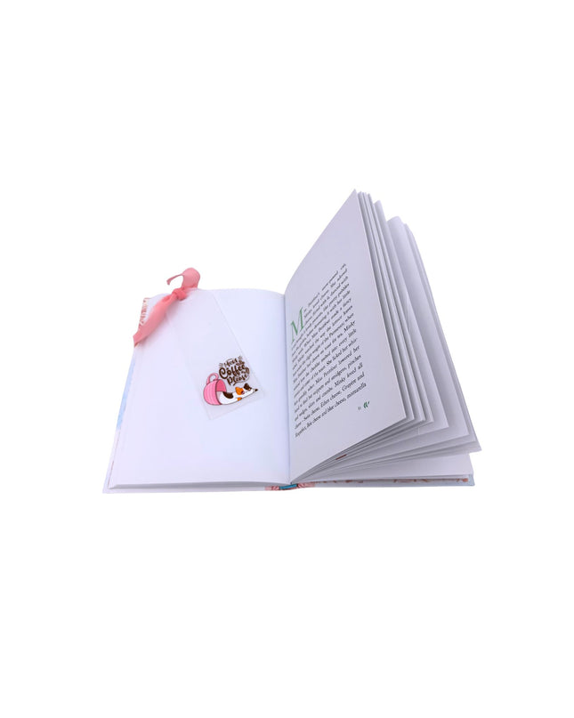 Bookmark with a Cat in a cup and the text "More coffee, please" design