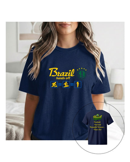 a navy blue t-shirt with 'Brazil hands off' text and graphics, with a close-up of the back of the shirt.