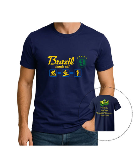 Navy blue t-shirt with 'Brazil hands off' graphic design 
