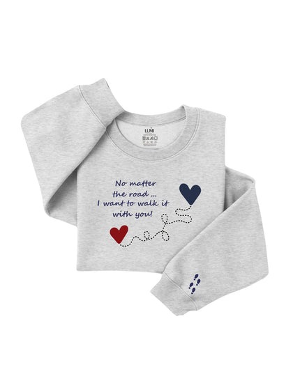 Gray sweatshirt with text and heart designs 