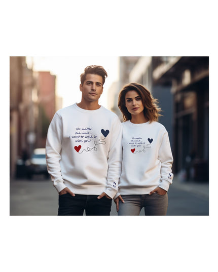 white sweatshirts with text and heart designs