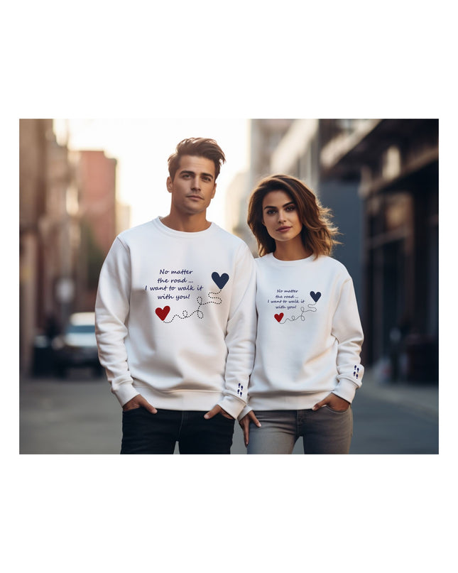 white sweatshirts with text and heart designs
