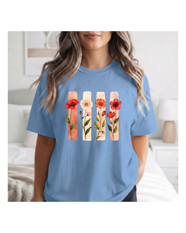  a blue t-shirt with floral design