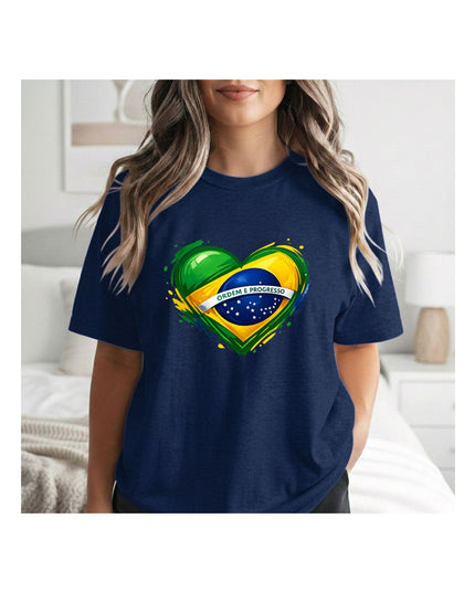 a navy blue t-shirt with a heart-shaped Brazilian flag design.