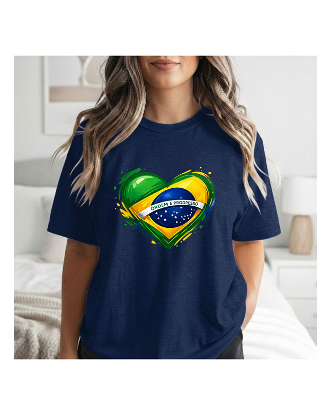 a navy blue t-shirt with a heart-shaped Brazilian flag design.