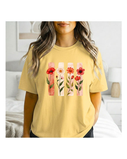 a yellow t-shirt with a house graphic 