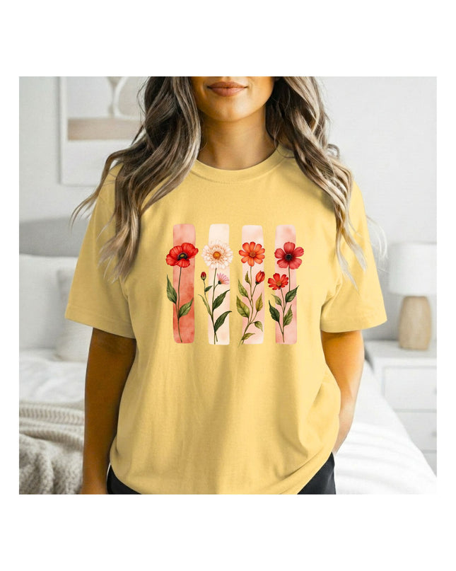 a yellow t-shirt with a house graphic 