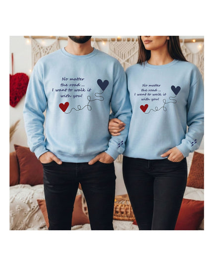 light blue sweatshirts with romantic text and heart designs.