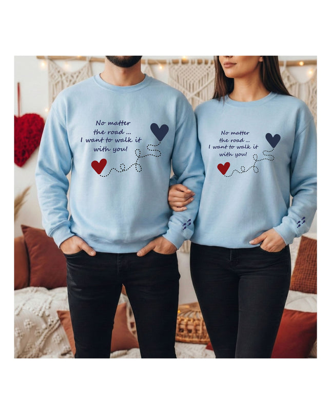 light blue sweatshirts with romantic text and heart designs.