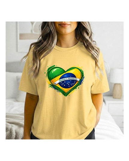 a yellow t-shirt with a heart-shaped Brazilian flag design.