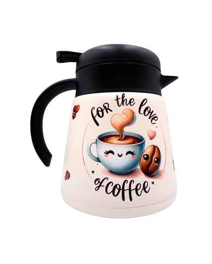 Thermos with a design of a coffee cup and text 'For the love of coffee' on a white background