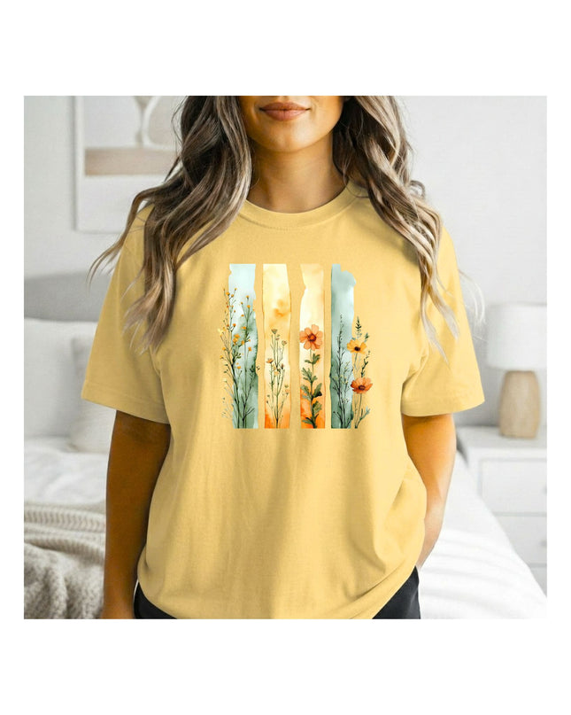  a yellow t-shirt with a floral design.