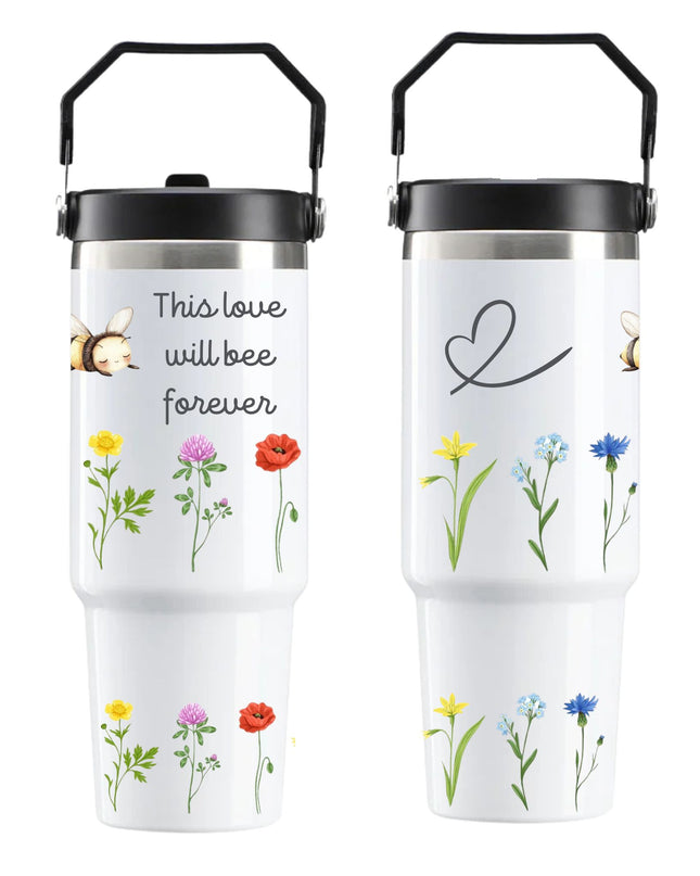 Two insulated travel mugs with floral designs and text on a white background
