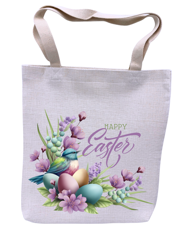 Tote bag with Easter design featuring eggs, flowers, and 'Happy Easter' text on a white background.