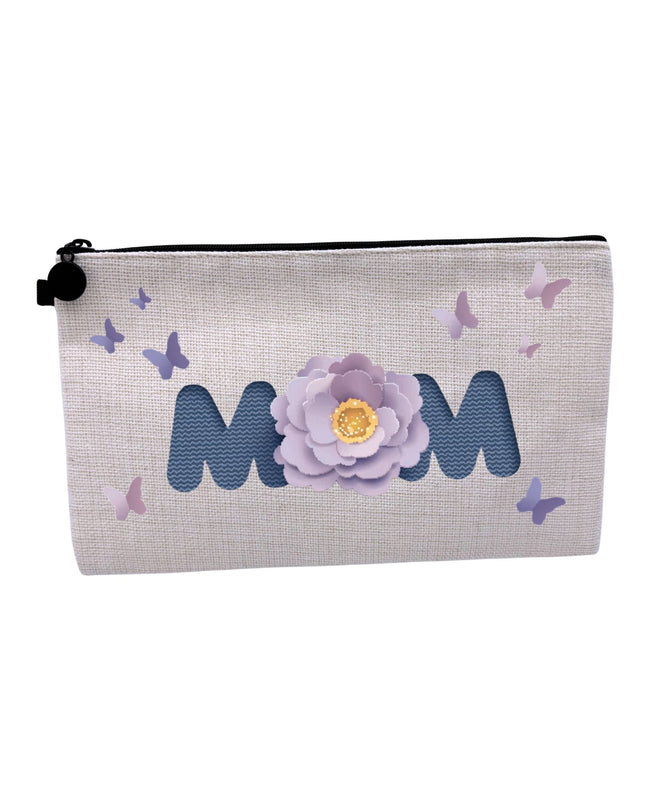 Pouch with 'MOM' and floral design on a white background