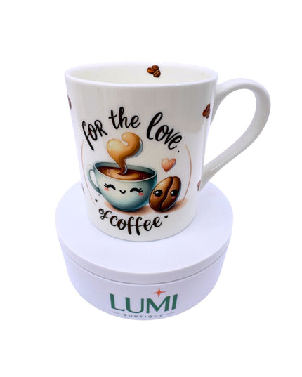Elegant fine-china mug with a For the love of coffee design 8oz