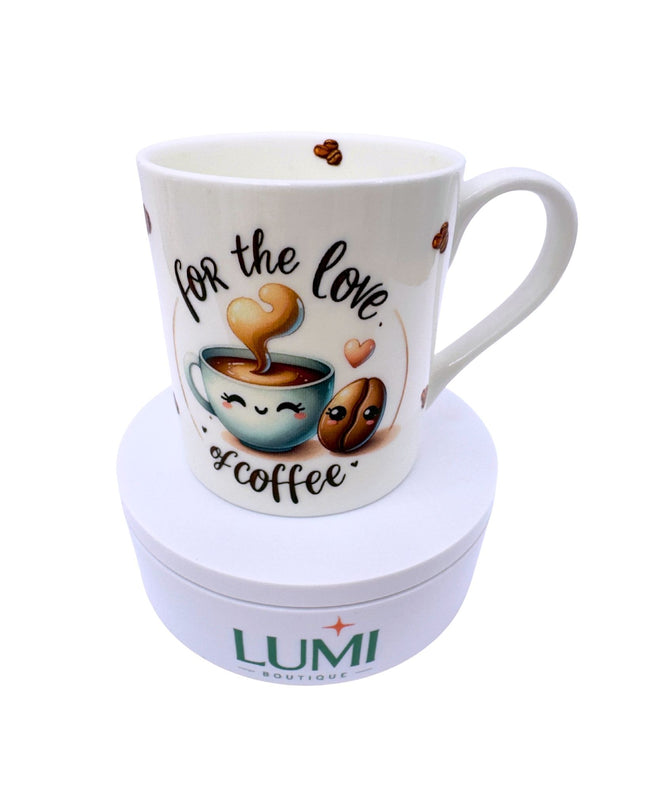 Elegant fine-china mug with a For the love of coffee design 8oz