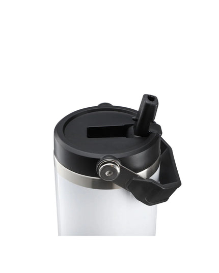 Clear tumbler with a black lid and handle on a white background