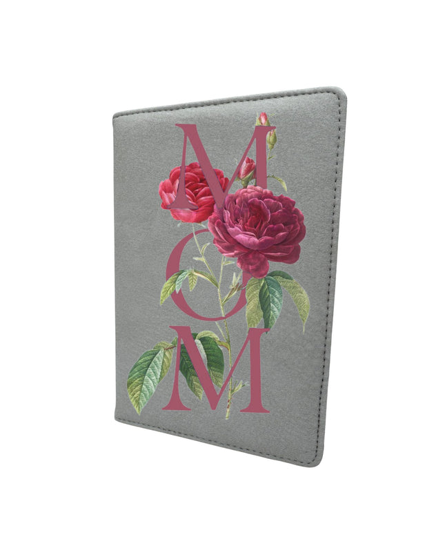 Gray passport holder with pink roses and 'MOM' text on a white background