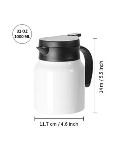 White thermos with black lid and handle, showing measurements on a white background